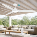 Newport DC 56″ Smart Ceiling Fan With WIFI Remote Control + LED light in a Ceiling fan in a patio area with outdoor furniture and a remote control.