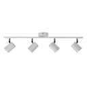 BARIL 4 light white track spotlight bar with heads angled, front view. Oriel 
