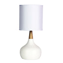 POD White Scandinavian bedside touch lamp with natural timber detail on bedside table. Lights and Fans Online