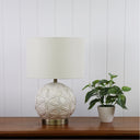 ARIEL Ceramic Table Lamp with Shade on a wooden surface next to a potted plant against a white paneled wall.