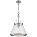 Modern industrial pendant light featuring a conical textured glass shade, adjustable chain suspension, and stylish ceiling lighting for dining rooms.