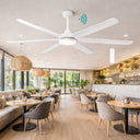 Osprey DC 80″ Smart Ceiling Fan With WIFI Remote Control + LED Light , A large Ceiling fan in a modern restaurant with tables and chairs