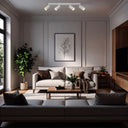 Picard 4 Light Ceiling Spotlight White in a Modern living room with gray sofa, beige armchair, and decorative elements.