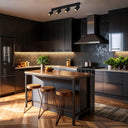 PICKARD 4 Modern kitchen with dark cabinets, wooden island, and stainless steel appliances.