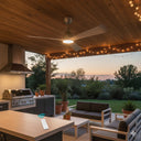 Martec Polo DC 52″ Smart Ceiling Fan With WIFI Remote Control + LED light from lights and fans online in an Outdoor patio with kitchen, seating area, and string lights at dusk.