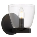 Telbix Radam a Wall-mounted light fixture with clear glass shade and black base on a white background
