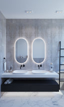 SO500C premium back-lit LED bathroom mirror with cool white lighting in a Modern bathroom with double sink vanity and illuminated mirrors.