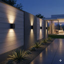 Martec Sorrento Tricolour LED Exterior Wall Light in a Modern outdoor setting with illuminated wall lights and a patio area from lights and fans online 