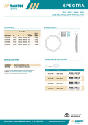 Martec Lighting Spectra LED ceiling light tricolour product sheet with dimensions, installation details, and color options.