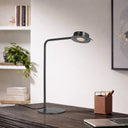 Tarell Black desk lamp on a wooden surface with a laptop and plant in the background