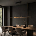 Modern architectural pendant light installed beneath a raked ceiling, demonstrating the adjustable cable suspension system.