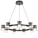 Gunmetal designer pendant light viewed from below, highlighting the symmetrical nine-light circular arrangement.
