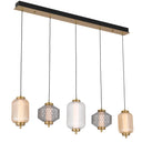 Modern 5-light linear LED pendant featuring textured glass shades, black finish, and designer ceiling lighting for dining rooms.