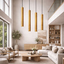 TORESS 80cm Aged Gold Leaf Pendant Light Modern living room with white sofa, wooden coffee table, and gold pendant lights.