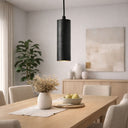 Toress Charred Black 30cm in a Modern dining room with a black pendant light, wooden table, and decorative items.