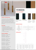 Product description sheet for TORESS lighting collection with color swatches and specifications.