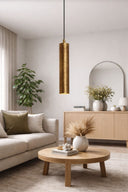 TORESS 30cm Gold Leaf Pendant Light Modern living room with beige sofa, wooden coffee table, and decorative elements.