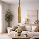 Toress Gold Leaf 30 cm in a Modern living room with a gold pendant light, white sofa, and decorative elements.Lights and Fans Online 