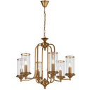 Velden 6 Pendant Light in rich copper finish featuring six clear glass shades and elegant industrial chandelier styling for modern dining rooms.