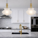 Small glass pendant light with frosted shade and vintage brass detail, elegant ceiling light for dining room and breakfast bar.