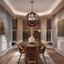 Luxury Vestal 4 chandelier with warm walnut wood, black metal frame, and rustic ceiling lighting for contemporary farmhouse interiors.
