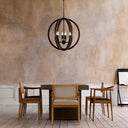 Modern farmhouse pendant light featuring a round wooden cage frame, six candle lights, and elegant French Provincial styling.