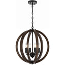 Vestal 4 pendant light with wooden sphere frame and black iron finish, creating a rustic farmhouse chandelier for modern dining rooms.