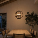 Luxury Vestal 6 chandelier with warm walnut wood, black metal frame, and rustic ceiling lighting for contemporary farmhouse interiors.