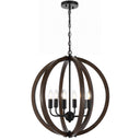 Vestal 6 pendant light with wooden sphere frame and black iron finish, creating a rustic farmhouse chandelier for dining rooms.