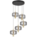 Volen 5 LED pendant light with black smoke glass shades, gold accents, and modern chandelier lighting for luxury dining rooms.