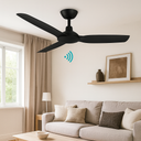 Martec Viper DC 48″ & 52″ 3 Blade Smart Ceiling Fan With WIFI Remote Control from lights and fans online. Black ceiling fan in a living room with a beige sofa and window.