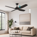 Martec Viper DC 48″ & 52″ 4  Blade Smart Ceiling Fan With WIFI Remote Control from lights and fans online  in a living room with a beige sofa, plant, and wall art.