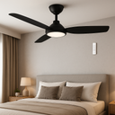  Martec Viper DC 48″ & 52″ 3  Blade Smart Ceiling Fan With WIFI Remote Control + LED Light from lights and fans online with Modern bedroom with a black ceiling fan and beige bedding.