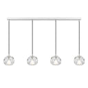Modern 4-light linear crystal chandelier featuring faceted crystal globes and designer ceiling lighting for contemporary dining rooms.