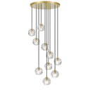 Zaha 10 crystal pendant chandelier with cascading prismatic crystal spheres and antique gold finish, creating luxury lighting for grand foyers.