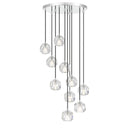 Modern cascading crystal chandelier featuring ten faceted crystal globe pendants and designer ceiling lighting for double-height entryways.
