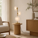 Zecca Antique Frost  Modern living room with a floor lamp on a wooden side table, armchair, and decorative elements.