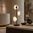 Zecca Black Frost Modern table lamp with three glass shades on a marble surface, Verida Studio branding in the background.