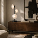 Zecca Black / frost in a Modern interior with a wooden sideboard, table lamp, and abstract painting.