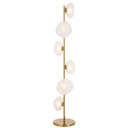 Zecca Floor Lamp featuring six handcrafted burlap-textured glass shades on an elegant antique gold frame, creating a luxurious statement in a contemporary living room.