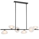 Modern linear pendant chandelier featuring six textured glass shades, black frame, and designer lighting for contemporary dining rooms.