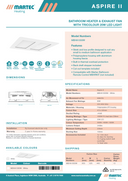 Martec Aspire II bathroom heater and exhaust fan with LED light specifications sheet.