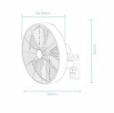 Como AC 16″ Wall Fan With Remote Control Technical drawing of a wall-mounted fan with dimensions labeled
