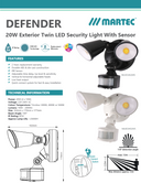 Defender 20W Tricolour LED Security Light Double, sensor option available