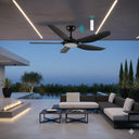 Martec Espirit Ceiling fan with Wi fi Remote Control and LED Light in an outdoor Ceiling fan in an outdoor patio setting with modern furniture and pool.Lights and Fans Online