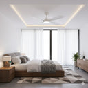 Martec Hampton DC 52″ Smart Ceiling Fan With WIFI Remote Control in a Modern bedroom with a bed, nightstands, and a ceiling fan.lightsandfansonline