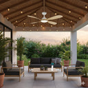 Martec Hampton DC 52″ Smart Ceiling Fan With WIFI Remote Control + LED light White Oak in a an Outdoor patio with furniture, plants, and a ceiling fan under a wooden pergola. lightsandfansonline 