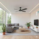 Martec Hampton DC 52″ Smart Ceiling Fan With WIFI Remote Control in a Modern living room with gray sectional sofa, coffee table, and ceiling fan. lightsandfansonline