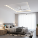 Martec Impact DC 52″ Smart Ceiling Fan With WIFI Remote Control + LED light from lightsandfansonline in a Modern bedroom with a bed, nightstands, and decorative elements.
