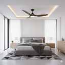 Martec Impact DC 52″ Smart Ceiling Fan With WIFI Remote Control + LED light from lightsandfansonline  Modern bedroom with gray bed, wooden nightstands, and a ceiling fan.